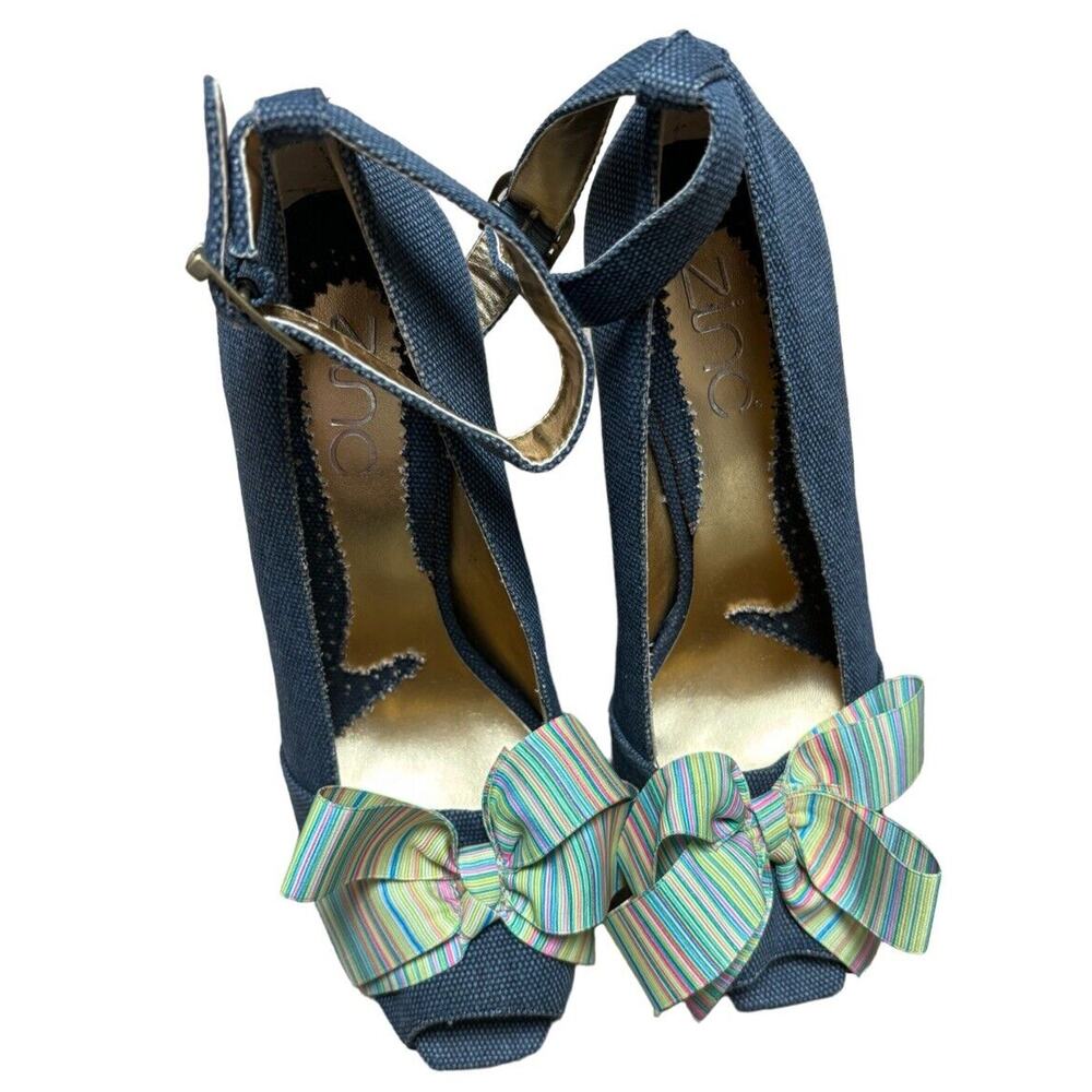 Zinc Denim Fabric Pumps Heels Wooden Heel Striped Bow Size Women's 8 Cute Party